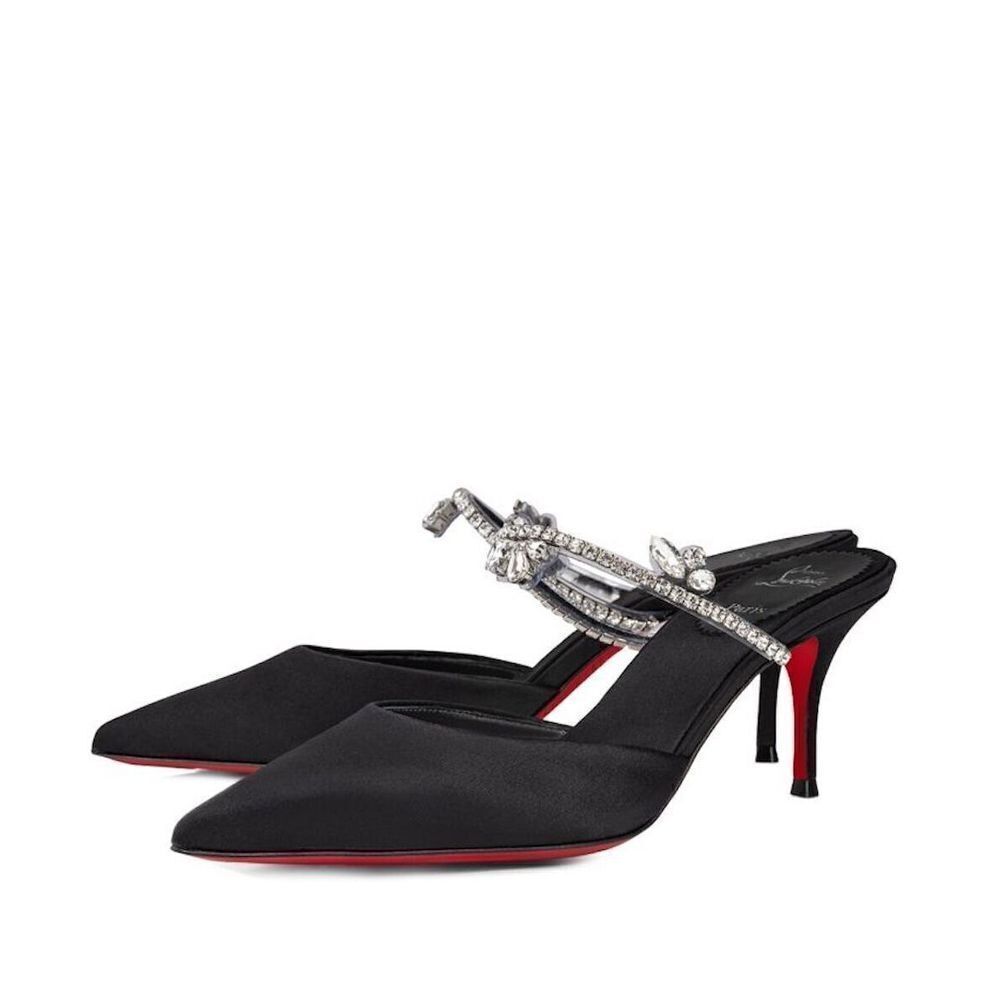 Christian Louboutin Planet Queen Crystal Embellished Satin Mule Pumps Black 39 - Picture 8 of 11